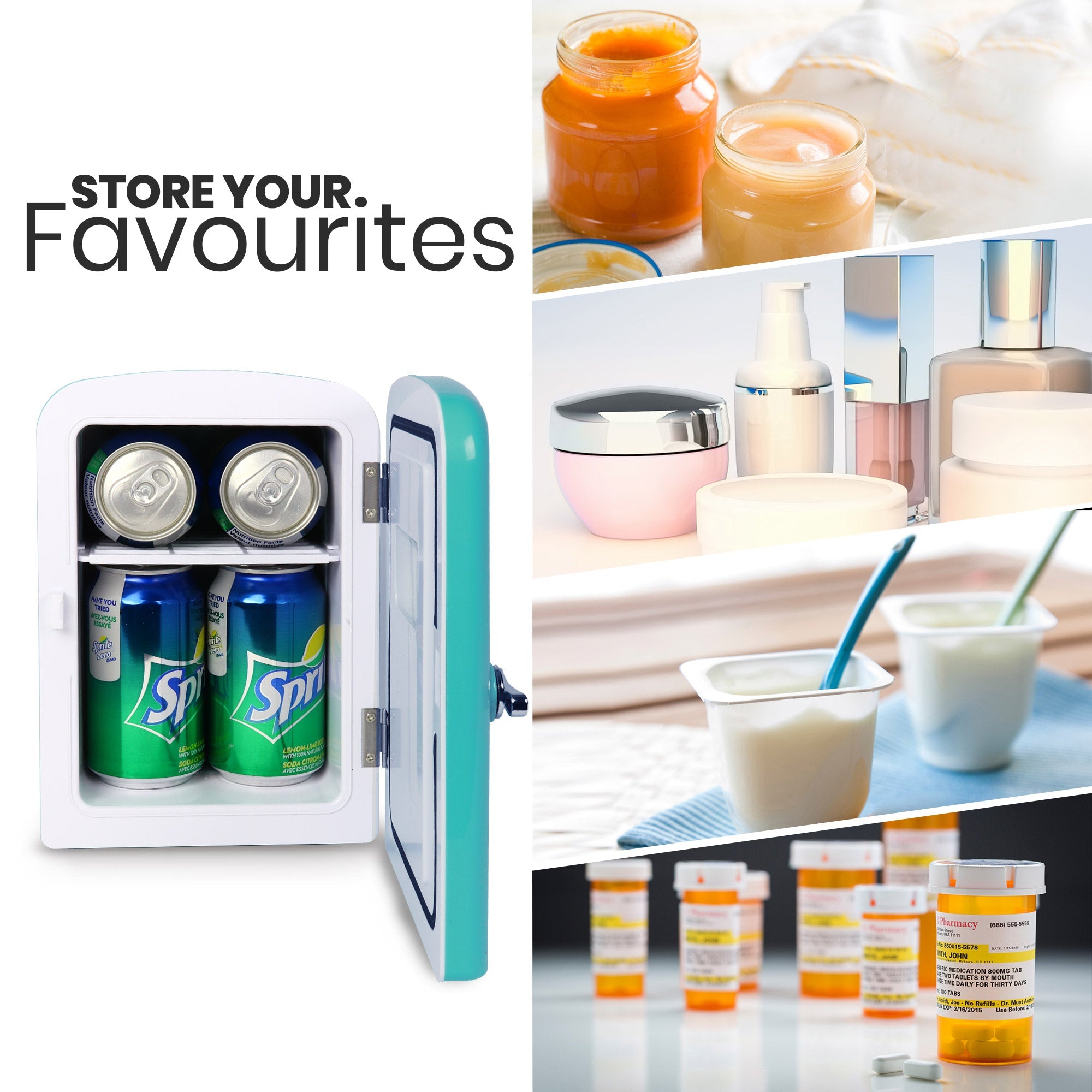 On the left is a product shot of Kool-atronretro 6 can portable cooler, partly open with cans of soda inside, and text above reading, "Store your favorites." On the right are four lifestyle images showing 1. Two open jars of baby food; 2. Several jars and bottles of cosmetics and skincare items; 3. Two single serving containers of yogurt with spoons in them; 4. Several orange prescription bottles with medications inside and white childproof lids