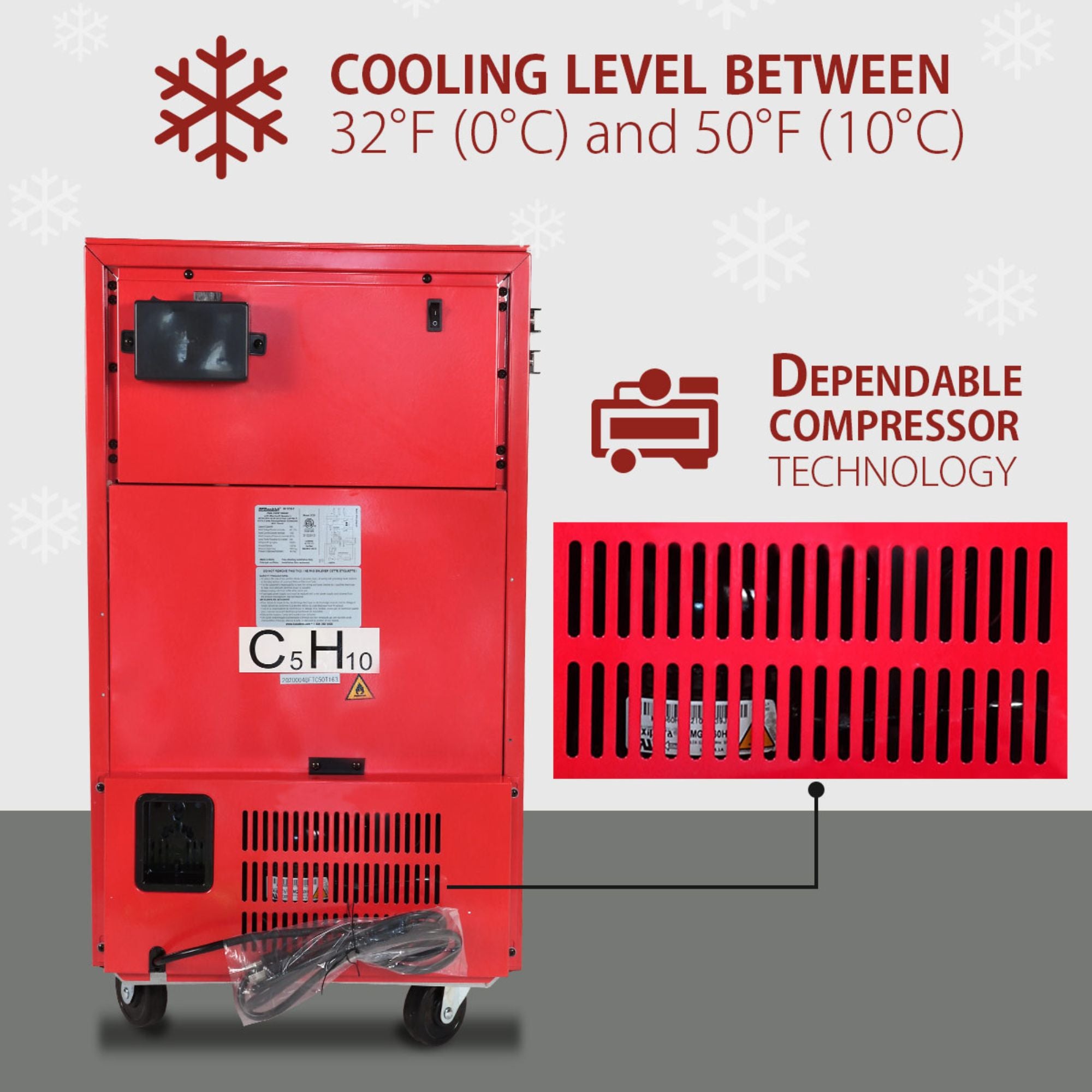 Product shot of the back of the Kool-atroncompact fridge with tool drawers with text above reading, "Cooling level between 32F (0C) and 50F (10C). There is an inset closeup of the vent openings with text above reading, "Dependable compressor technology"