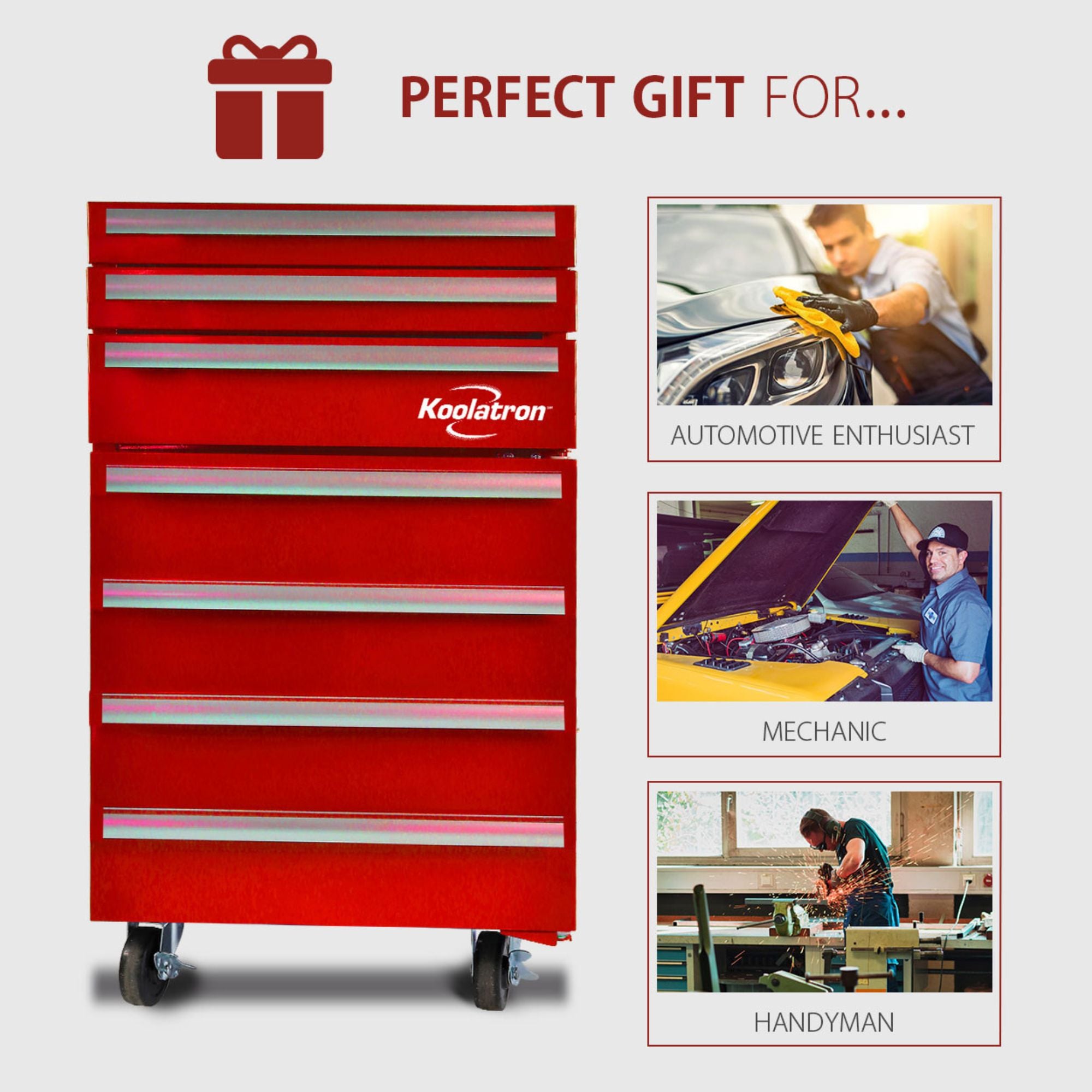 On the left is a product shot of the Kool-atronred tool box refrigerator with text above reading, "Perfect gift for…" and on the right are three lifestyle images, labeled, automotive enthusiast, mechanic, and handyman