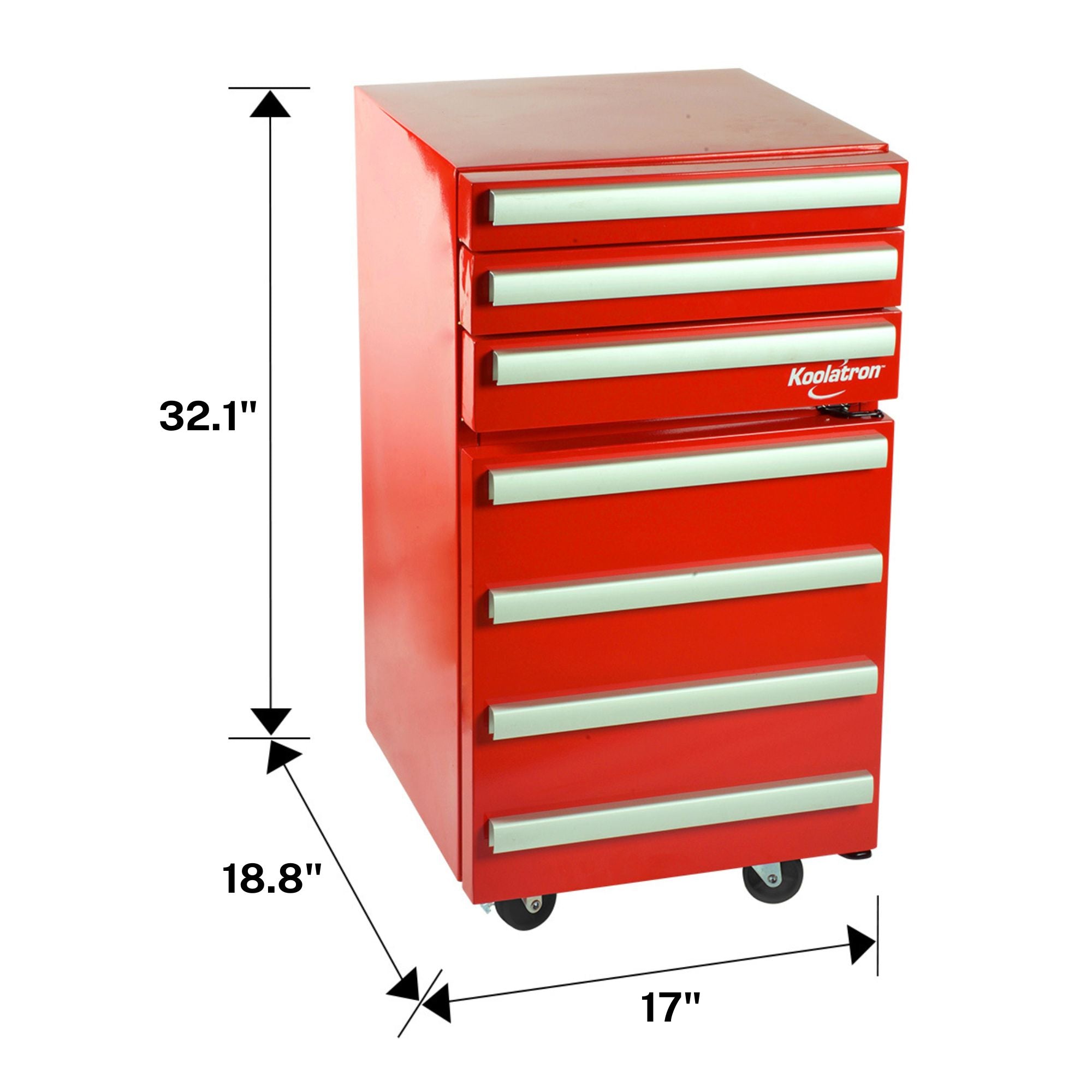 Product shot of Kool-atrontoolchest fridge on a white background with dimensions labeled