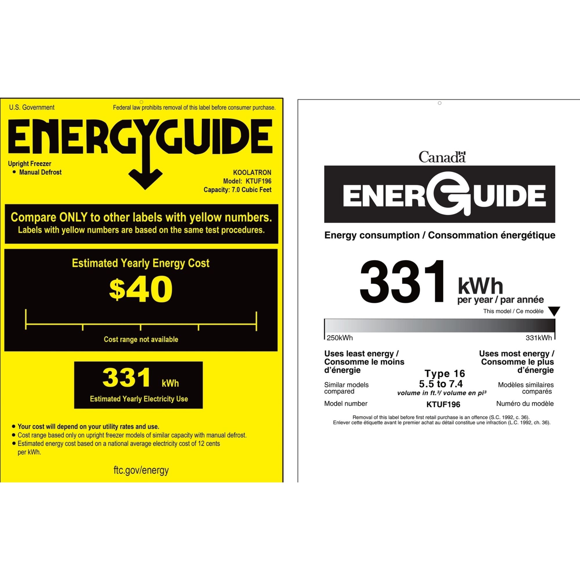 US and Canada Energy Guide certificates for KTUF196 7.0 cu ft upright freezer showing estimated yearly energy cost of $20 and estimated yearly energy consumption of 331 kWh