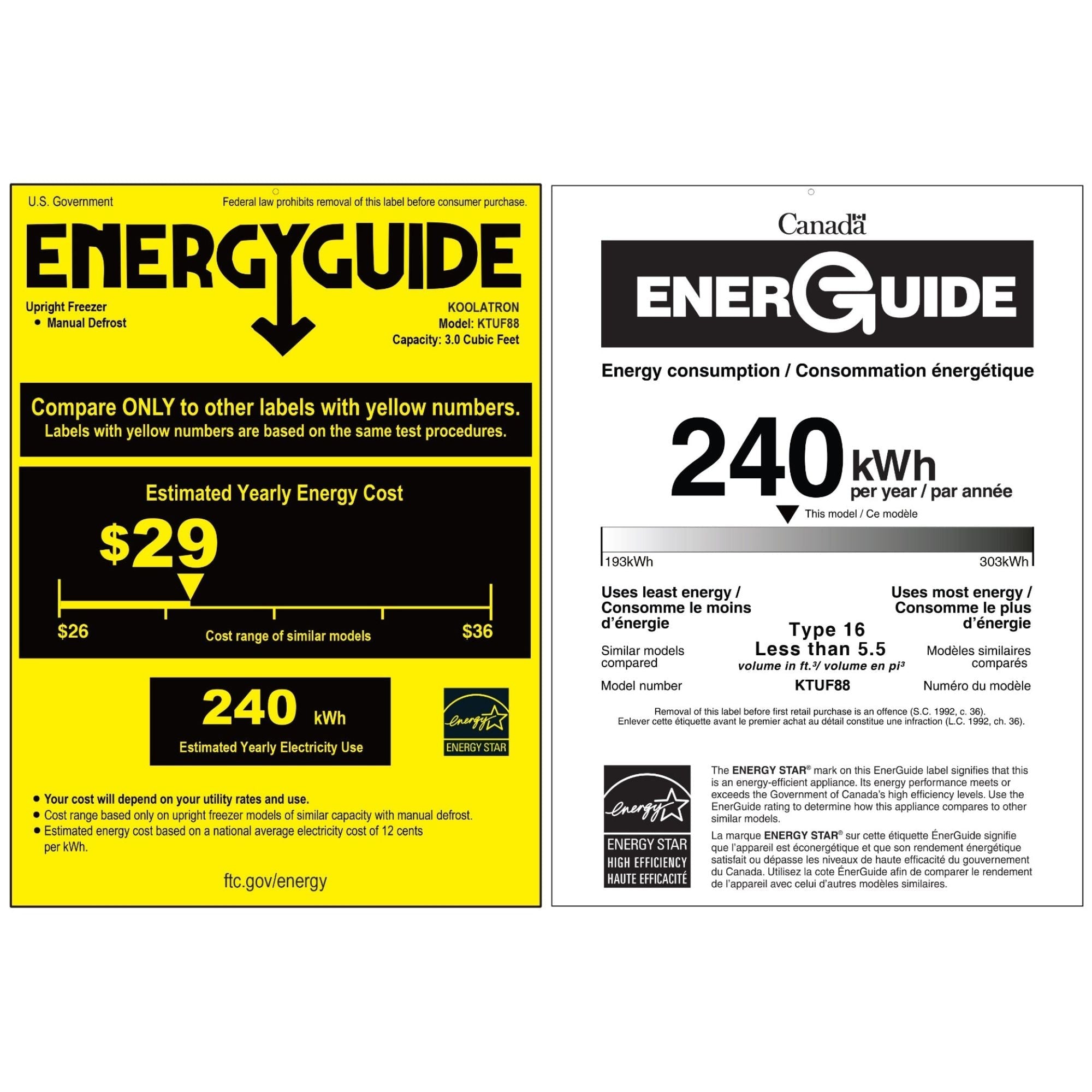 US and Canada Energy Guide certificates for KTUF88 3.1 cu ft upright freezer showing estimated yearly energy cost of $14.5 and estimated yearly energy consumption of 240 kWh