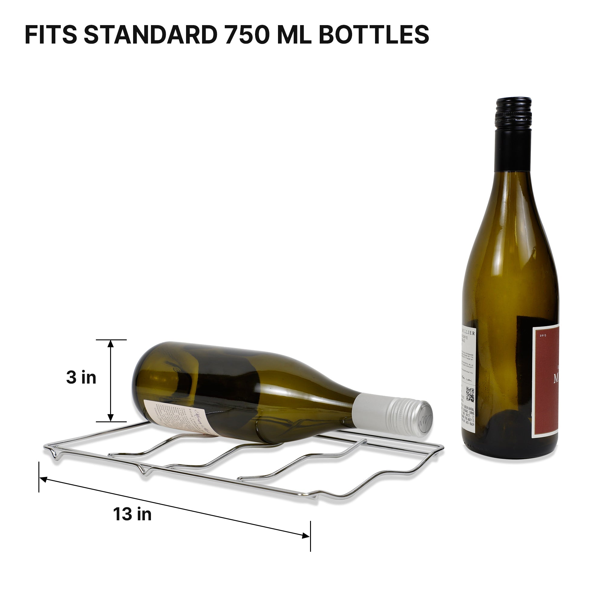 Removable wire rack from Kool-atron10 bottle wine chiller with dimensions listed and one wine bottle lying on it and one standing up beside it. Text above reads "Fits standard 750 mL bottles"