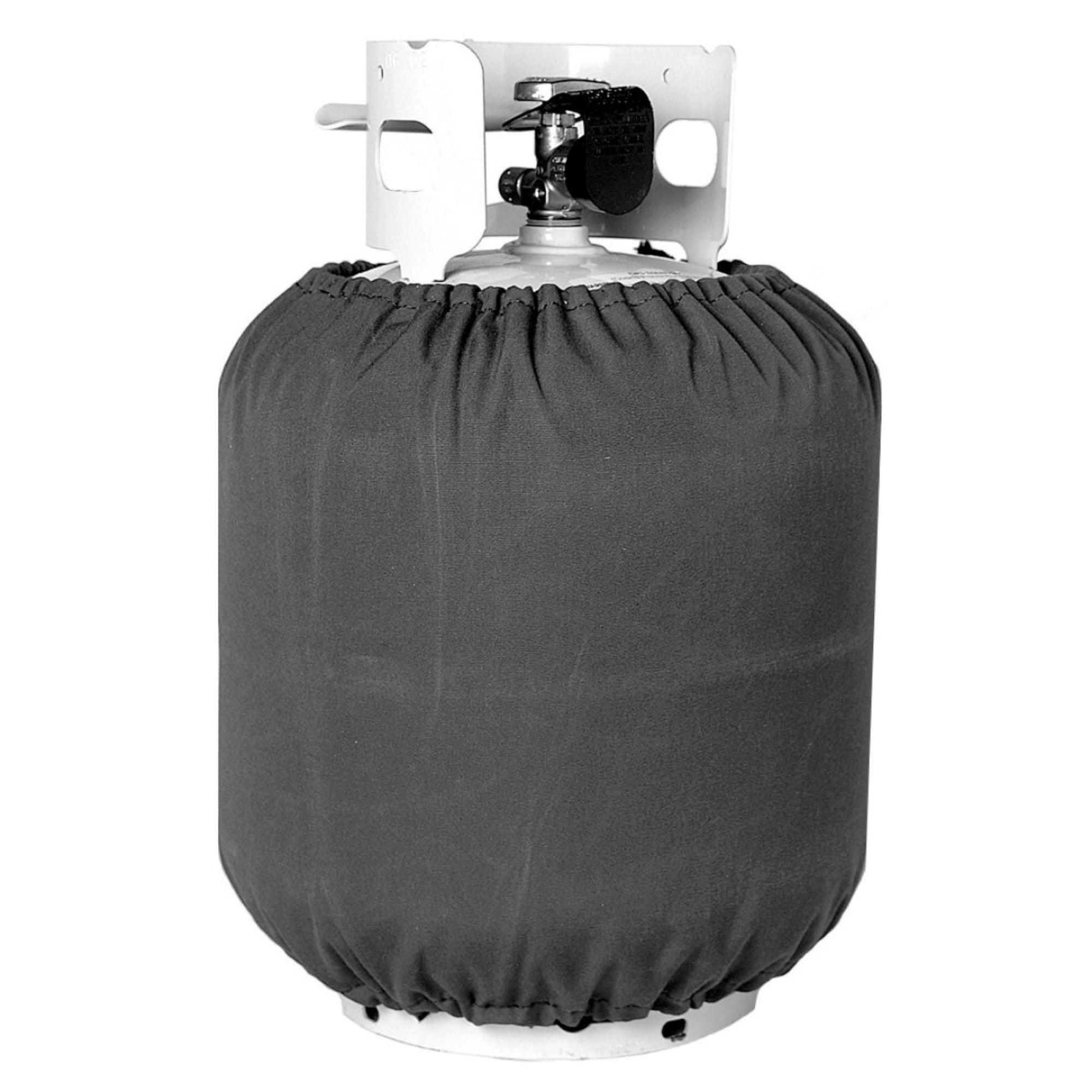 Bite Shield universal fit propane tank cover on a 20 lb propane tank against a white background