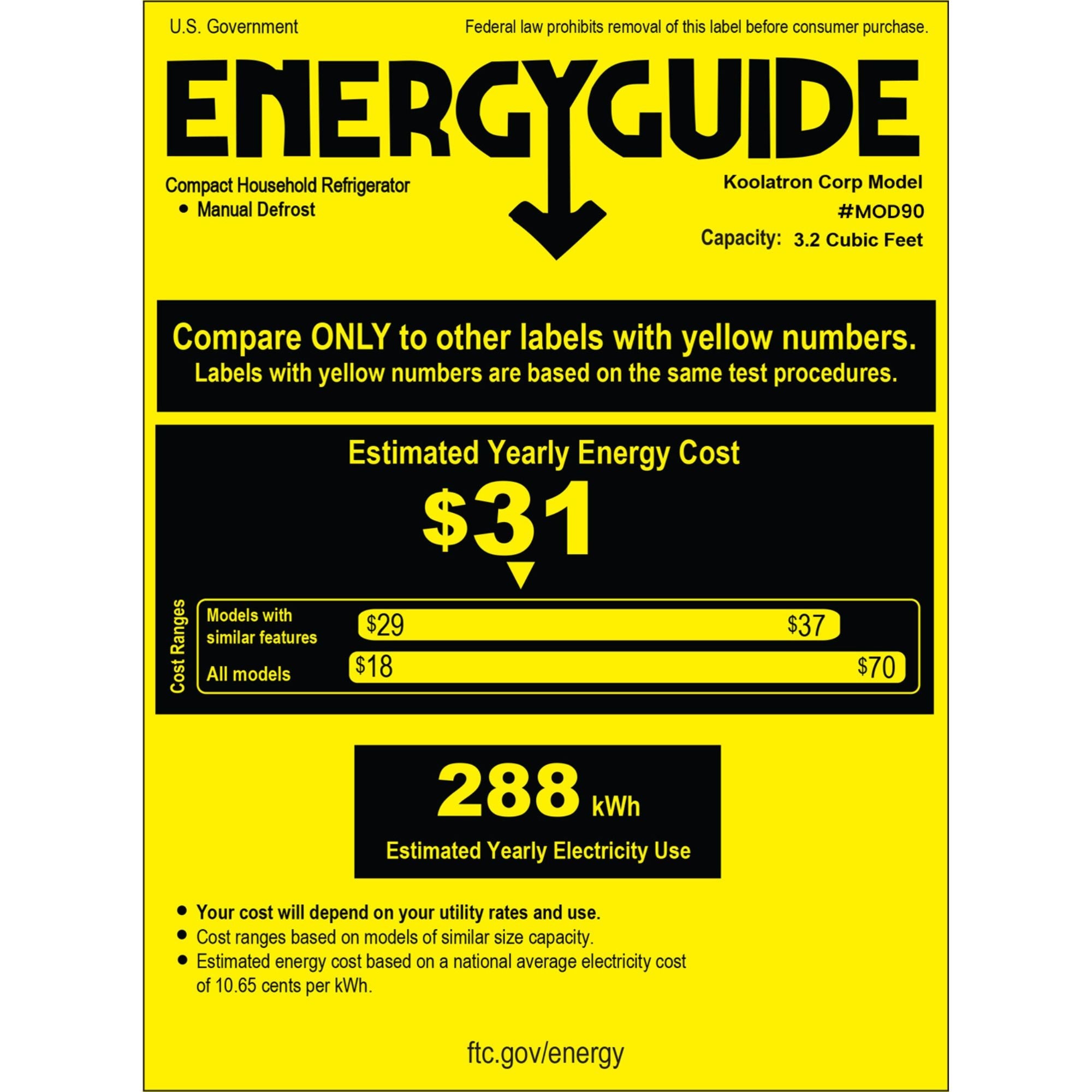 Energy Guide certificate for MOD90 Modelo 3.2 cu ft compact fridge showing estimated yearly operating cost of $15.5 and estimated yearly energy consumption of 288 kWh