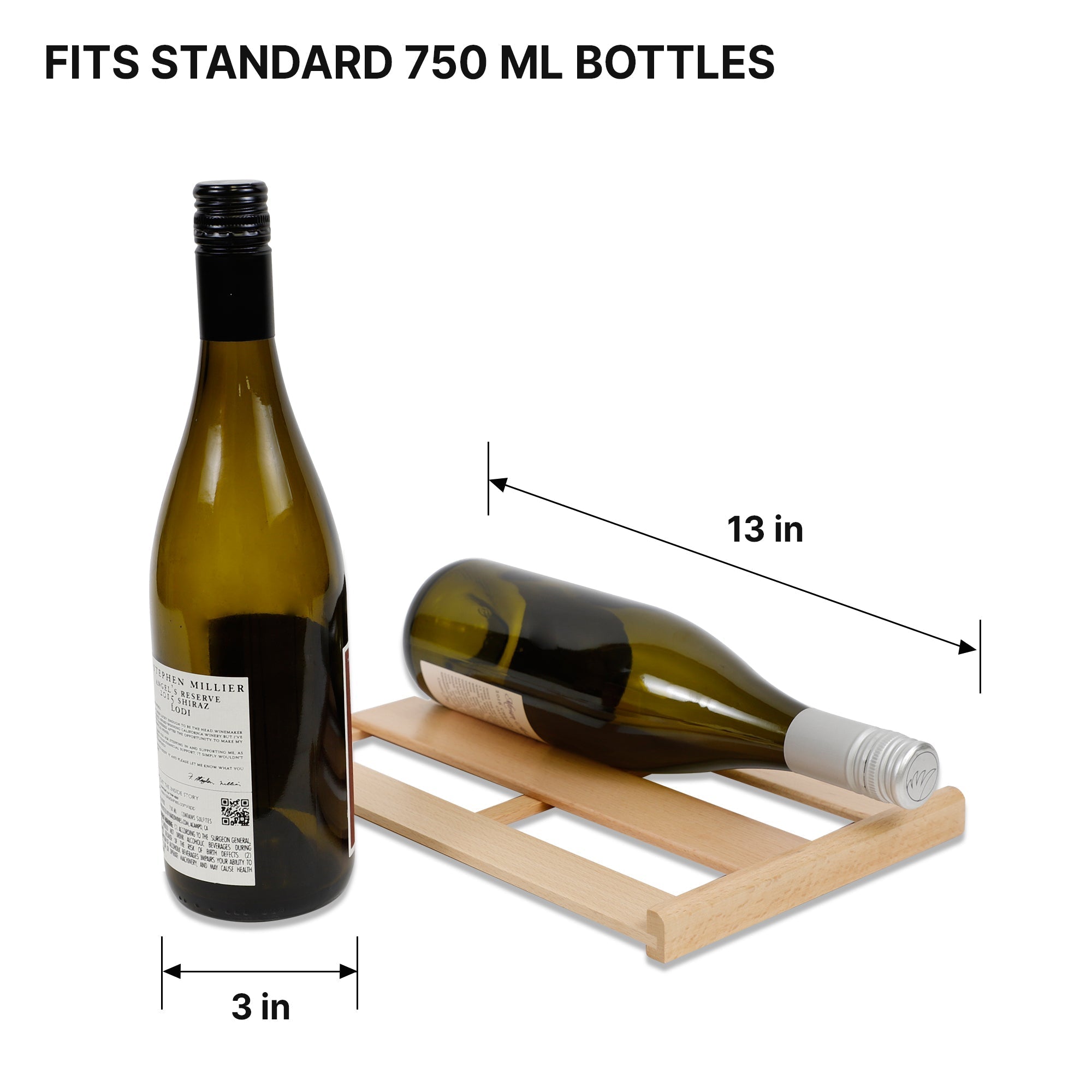 Removable beechwood rack from Kool-atron12 bottle wine chiller with dimensions listed and one wine bottle lying on it and one standing up beside it. Text above reads "Fits standard 750 mL bottles"
