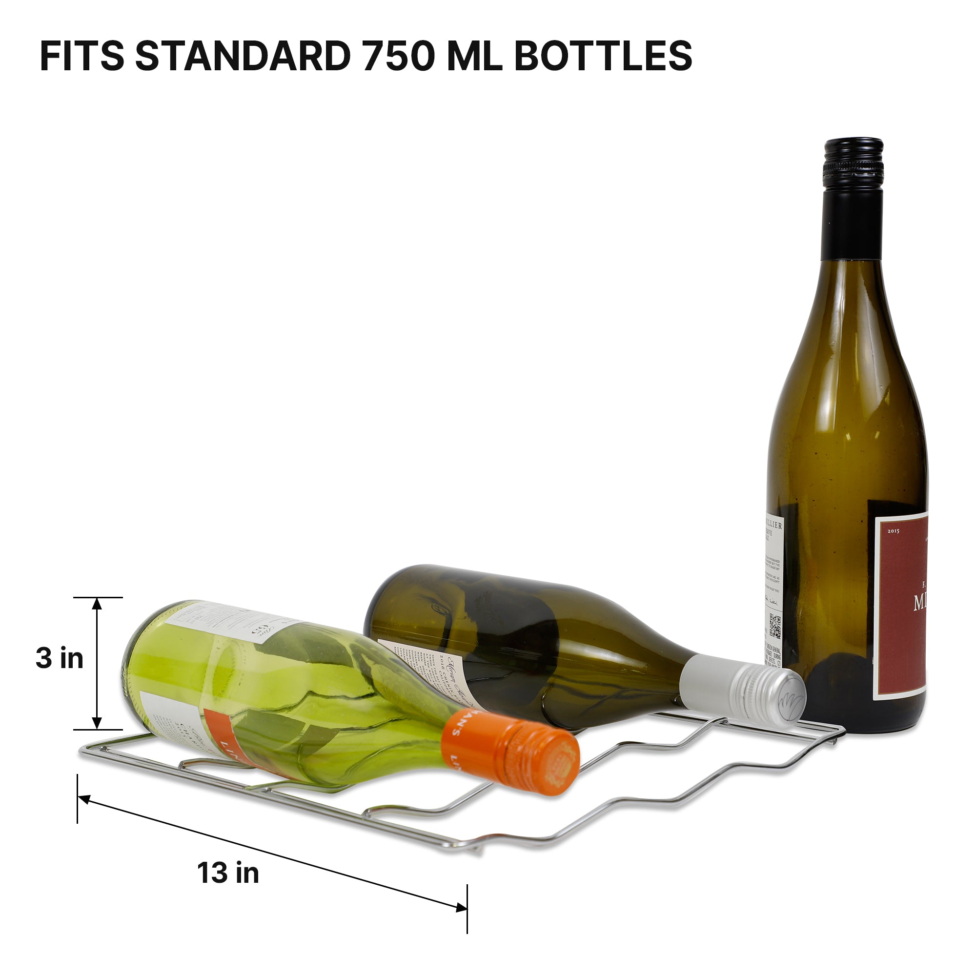 Removable wire rack from Kool-atron18 bottle wine chiller with dimensions labeled and two wine bottles lying on it and one standing up beside it. Text above reads "Fits standard 750 mL bottles"