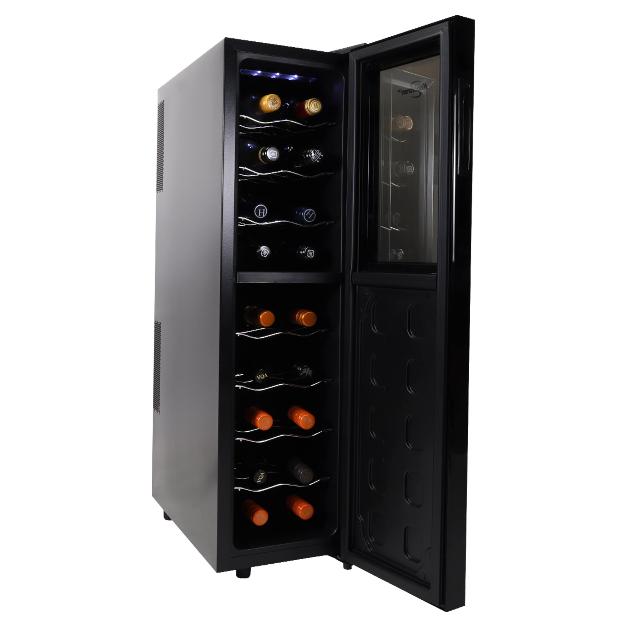  Kool-atron18 bottle wine cooler, open with bottles of wine inside, on a white background