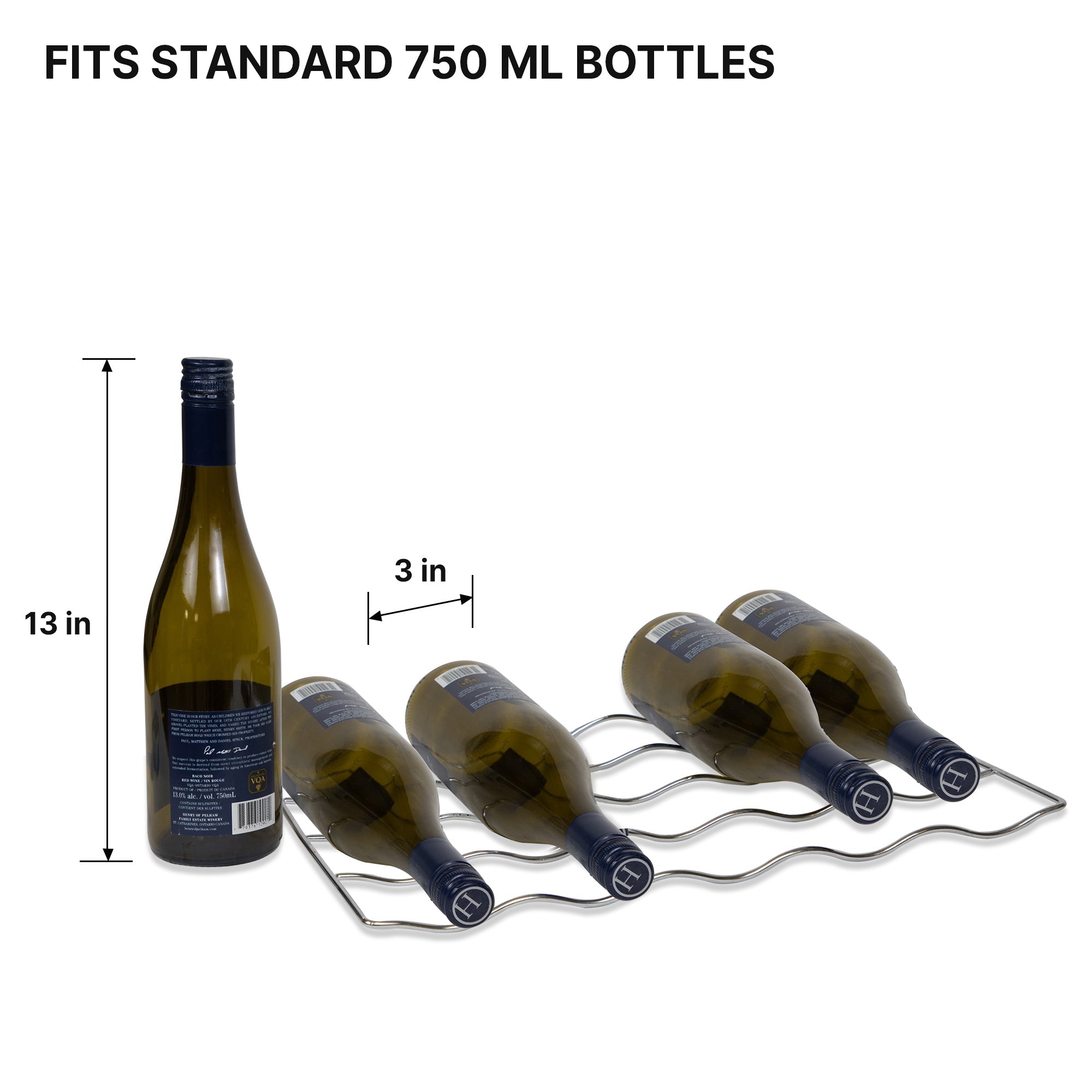Removable wire rack from Kool-atron29 bottle wine chiller with dimensions labeled and four wine bottles lying on it and one standing up beside it. Text above reads "Fits standard 750 mL bottles"