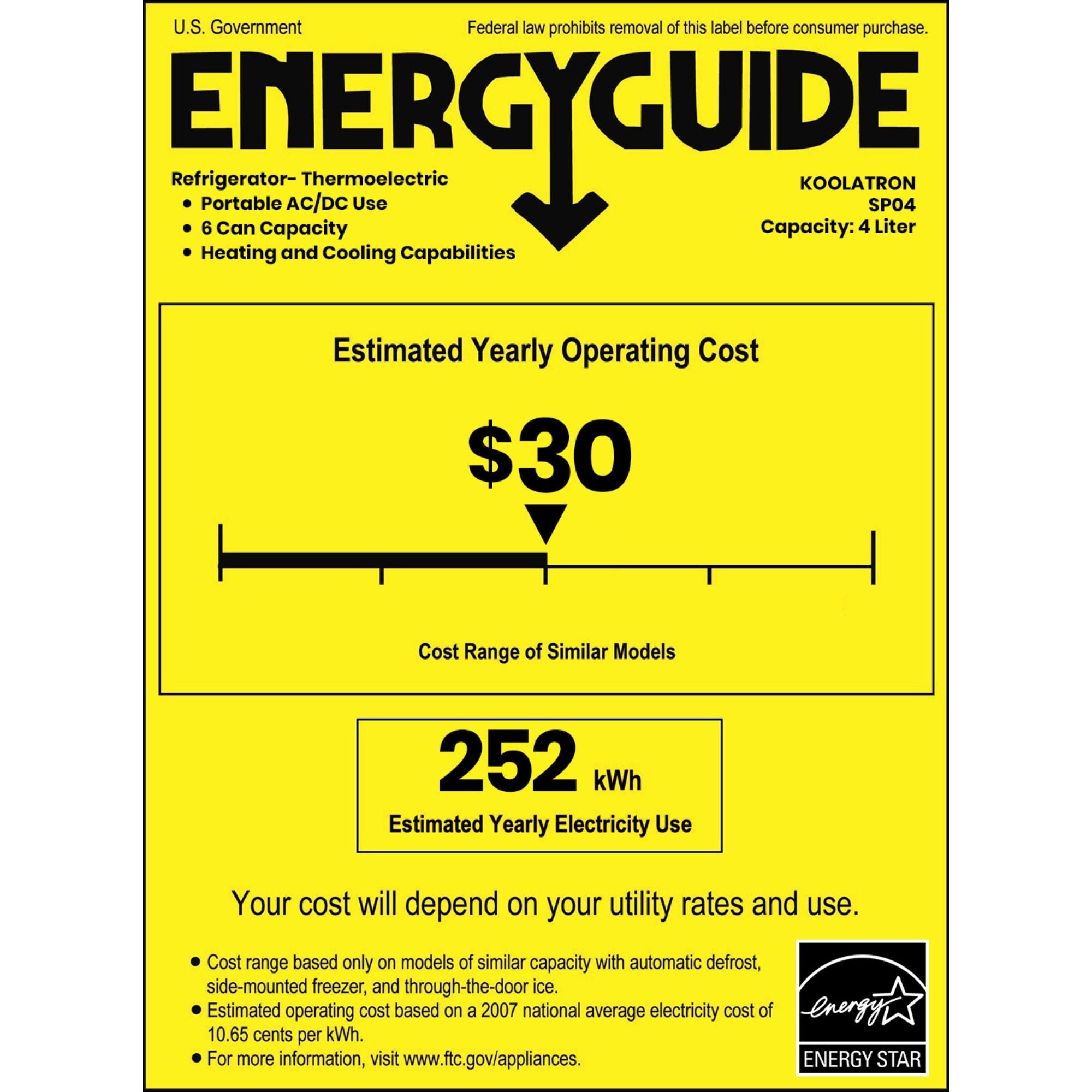 Energy Guide certificate for SP04 4 liter mini fridge showing estimated yearly operating cost of $15 and estimated yearly energy consumption of 252 kWh