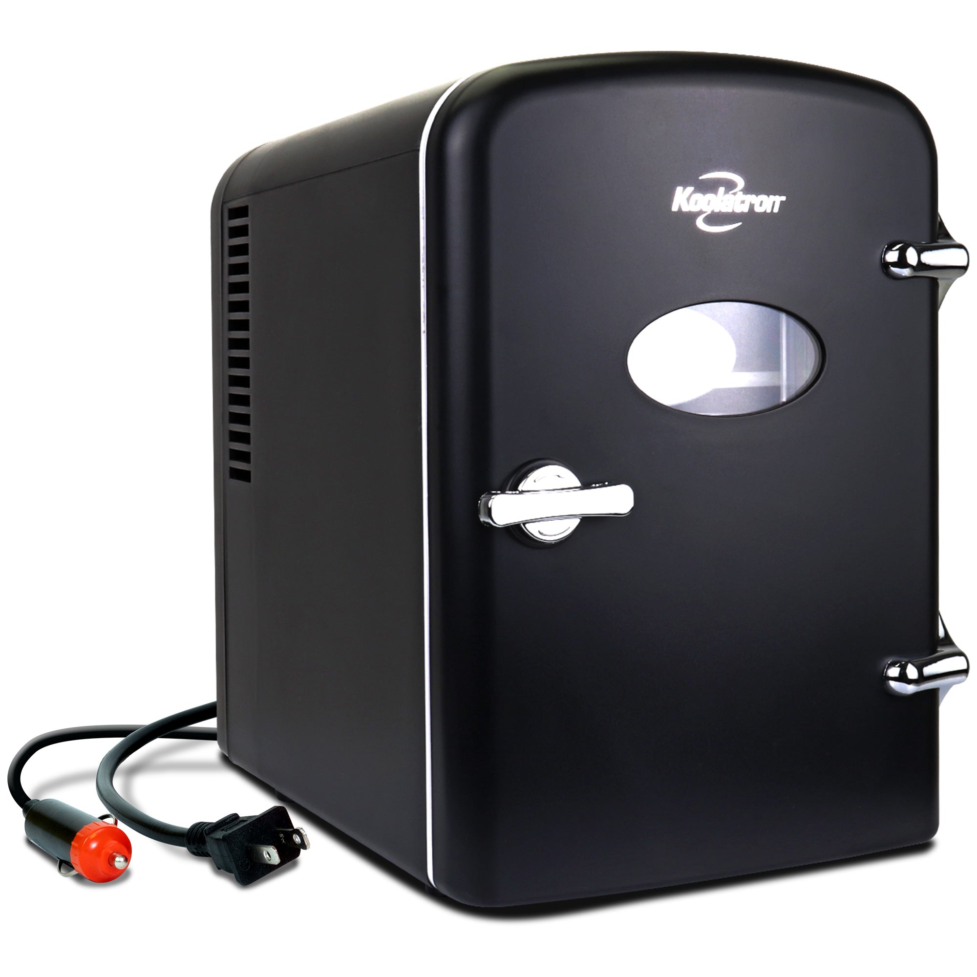 Product shot of Kool-atronretro 4L mini fridge, closed, with AC and DC power cords visible, on a white background