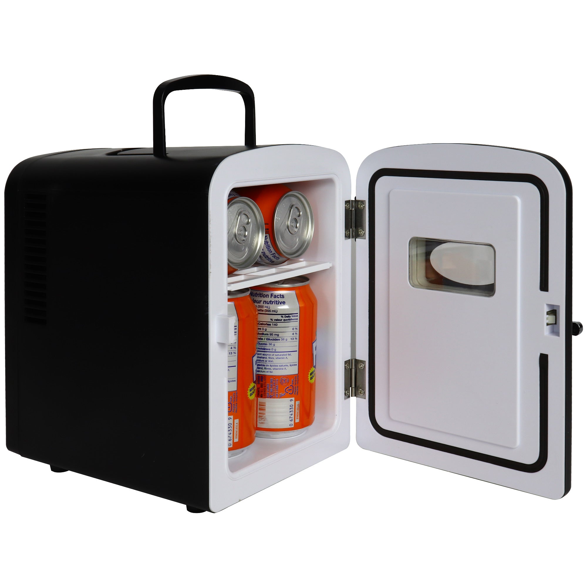 Product shot of Kool-atronretro 6 can mini fridge open with 6 cans of soda inside on a white background