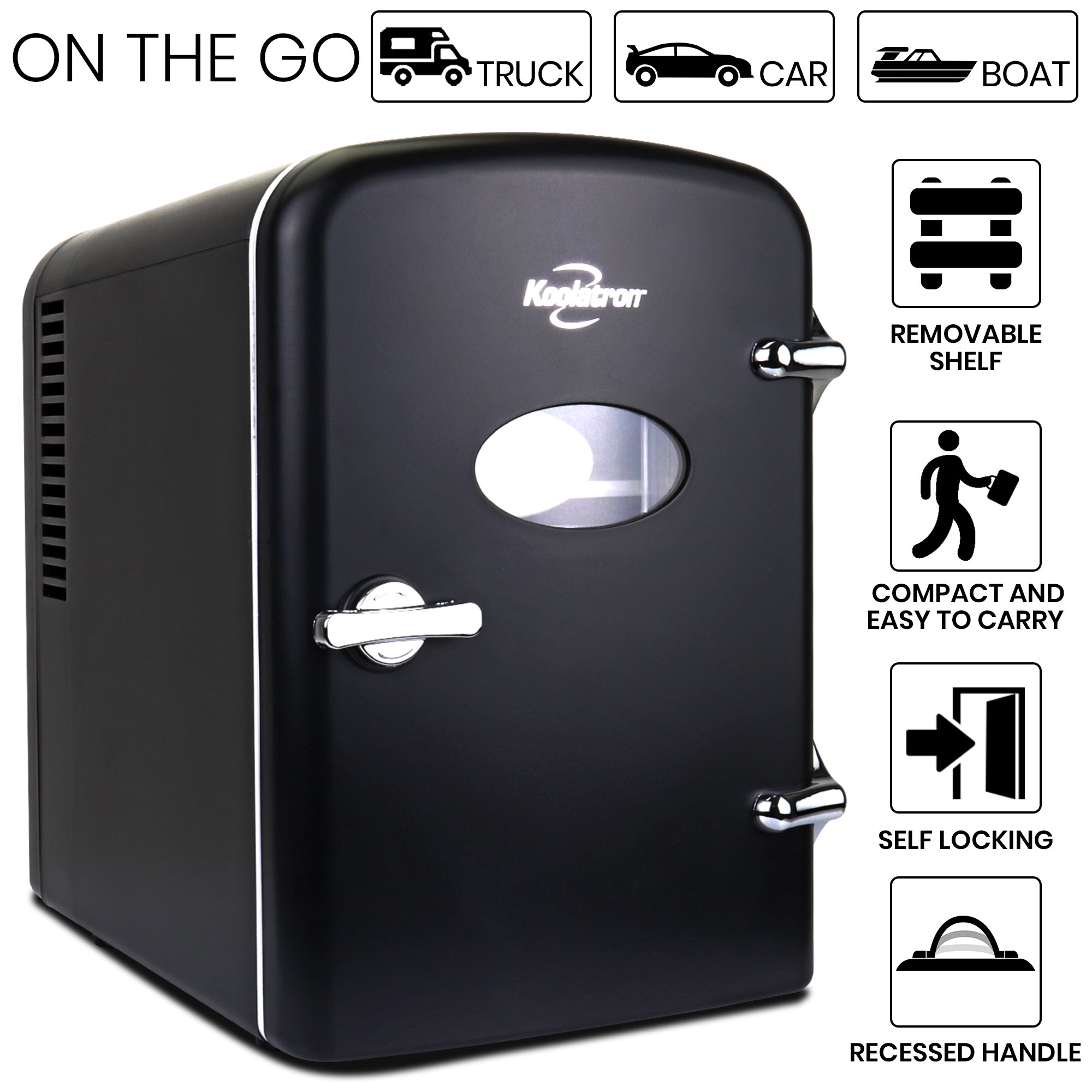 Product shot of Kool-atronretro 6 can mini fridge on a white background. Text and icons above describe: On the go - truck car boat. Text and icons to the right describe: Removable shelf; compact and easy to carry; self-locking; recessed handle