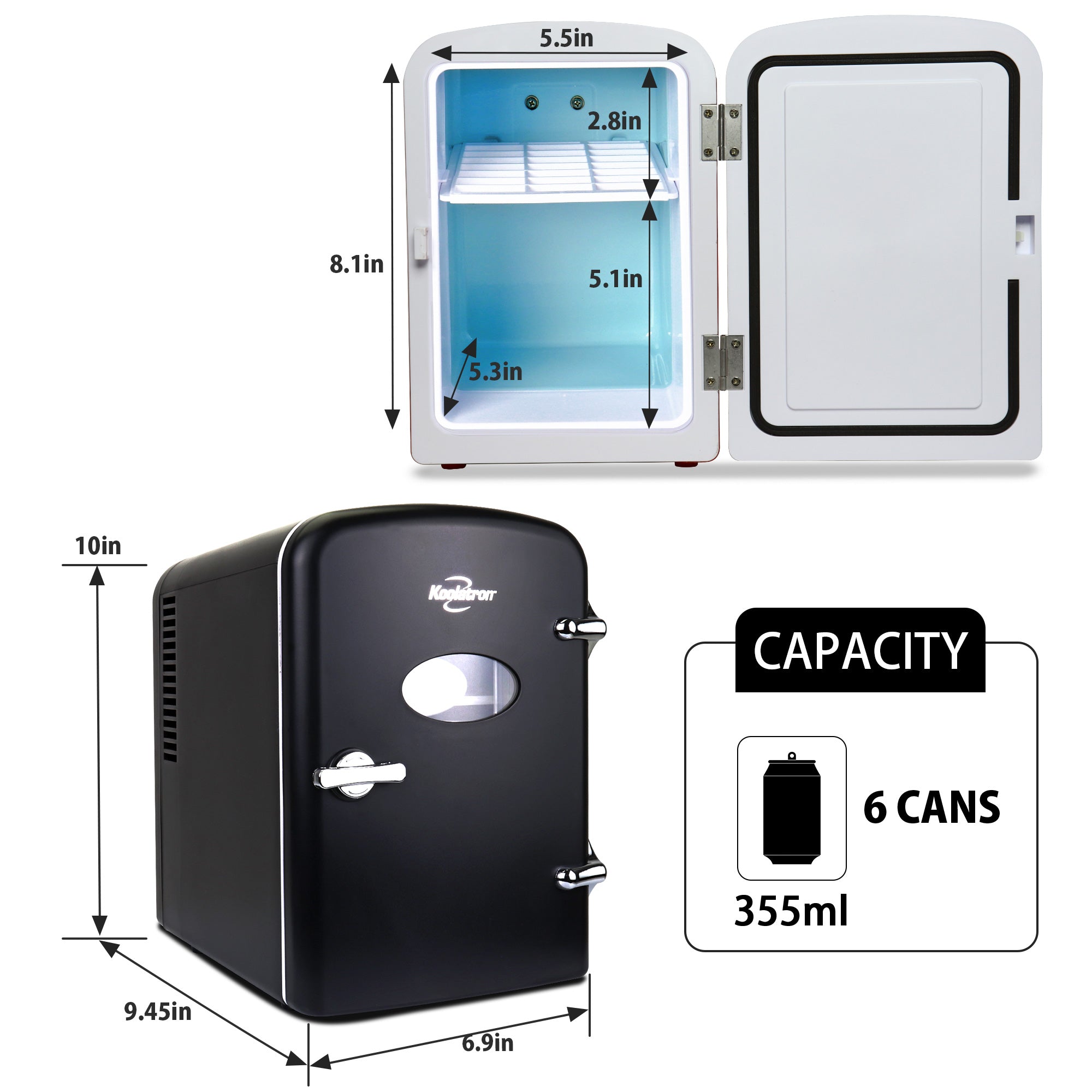 Two product shots of Kool-atronretro 4L mini fridge, open and closed, on a white background, with interior and exterior dimensions labeled. Inset text and icons describes: Capacity - 6 cans 355 mL