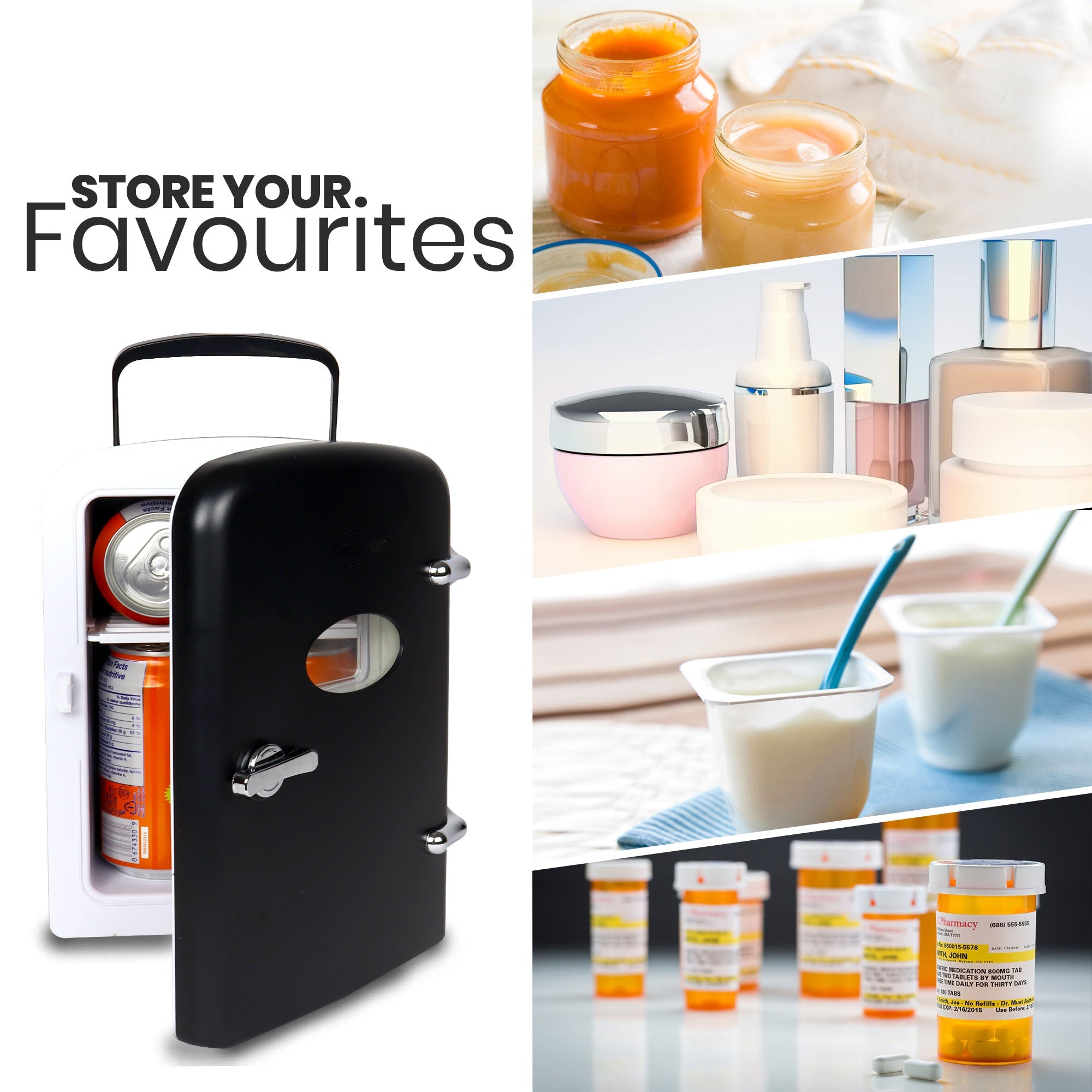On the left is a product shot of Kool-atronretro 6 can portable cooler, partly open with cans of soda inside, and text above reading, "Store your favorites." On the right are four lifestyle images showing 1. Two open jars of baby food; 2. Several jars and bottles of cosmetics and skincare items; 3. Two single serving containers of yogurt with spoons in them; 4. Several orange prescription bottles with medications inside and white childproof lids