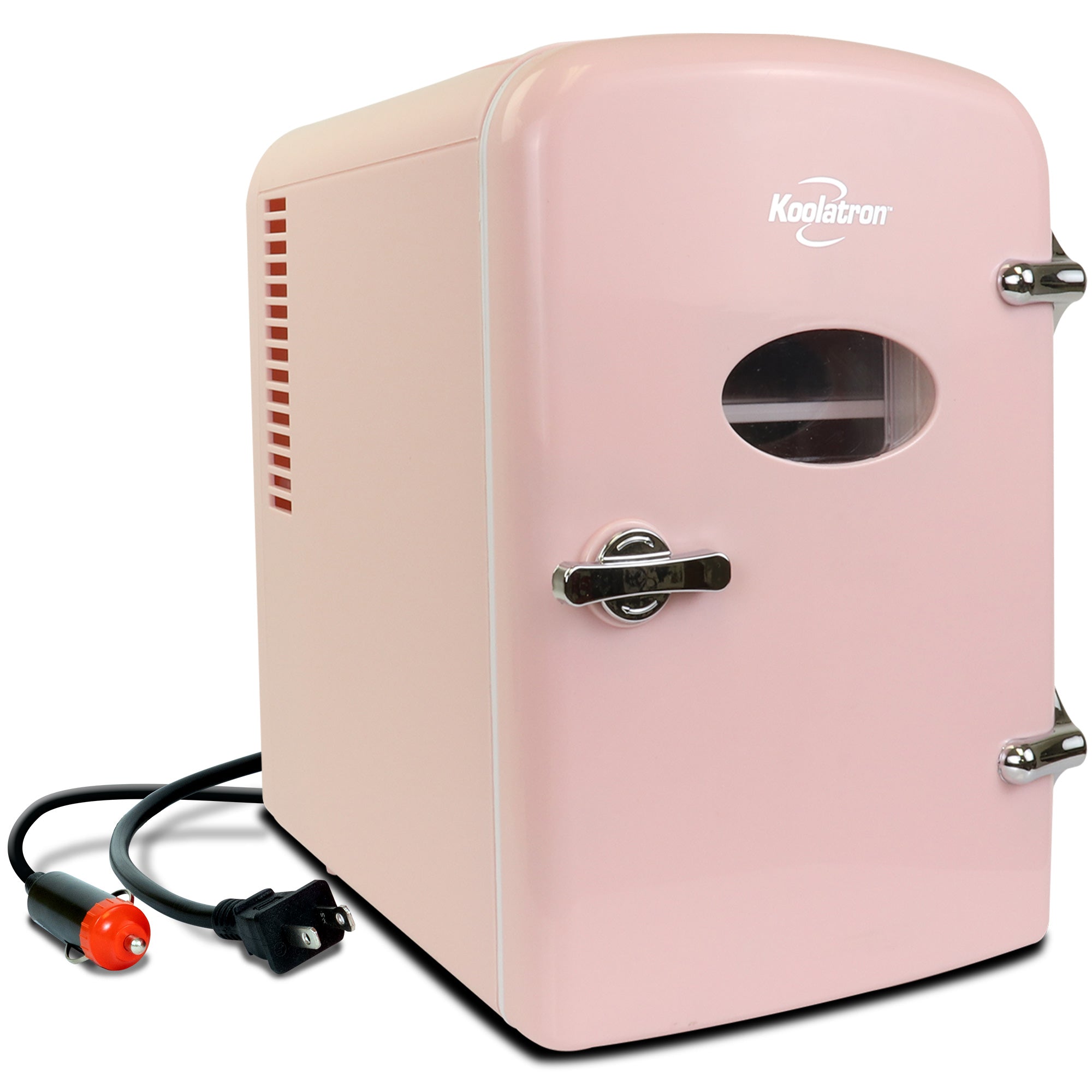 Product shot of Kool-atronretro 4L mini fridge, closed, with AC and DC power cords visible, on a white background
