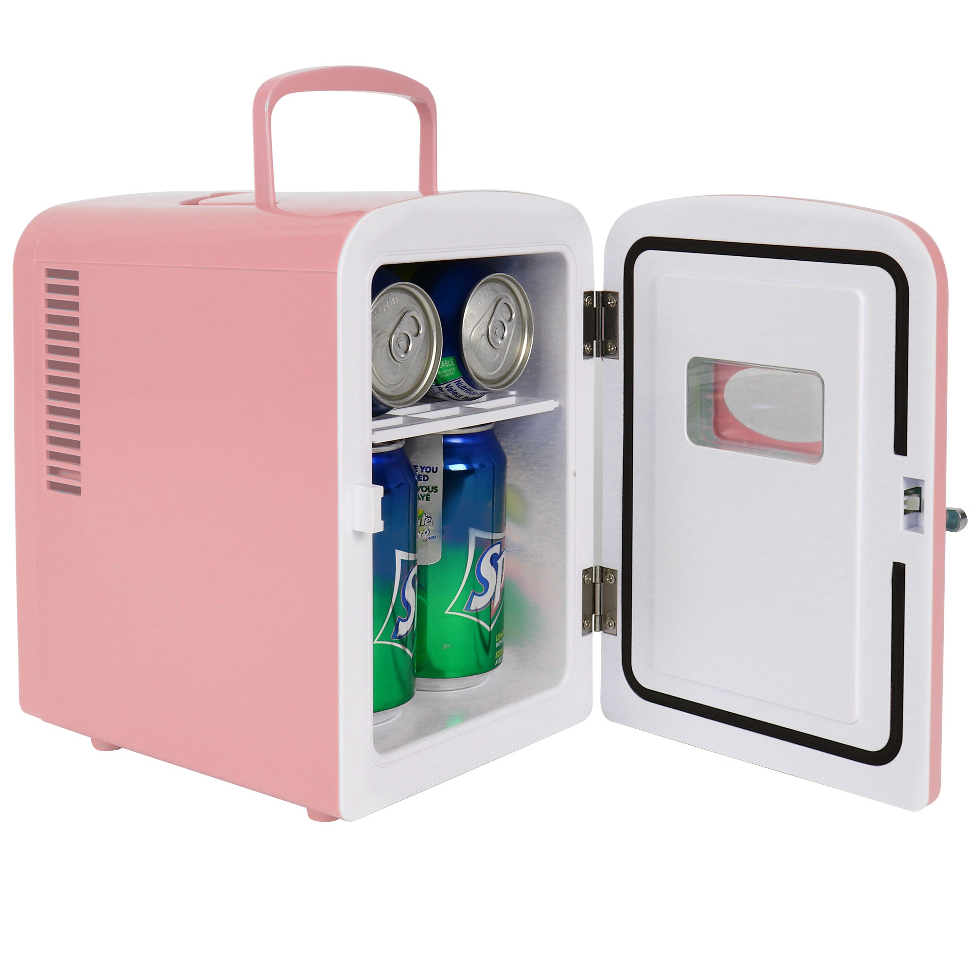 Product shot of Kool-atronretro 6 can mini fridge open with 6 cans of soda inside on a white background