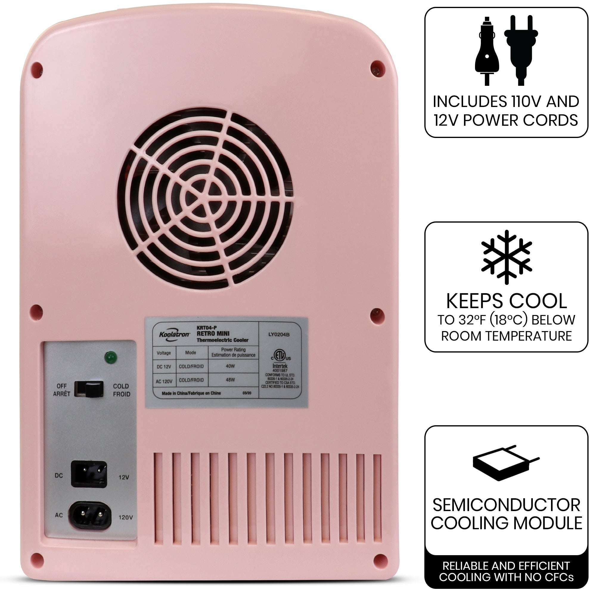 Product shot of the back of the Kooaltron retro 4L 12V cooler on a white background with power switch and plug sockets visible. Text and icons to the right describe: Includes 110V and 12V power cords; Keeps cool to 32F (18C) below room temperature; semiconductor cooling module - reliable and efficient cooling with no CFCs