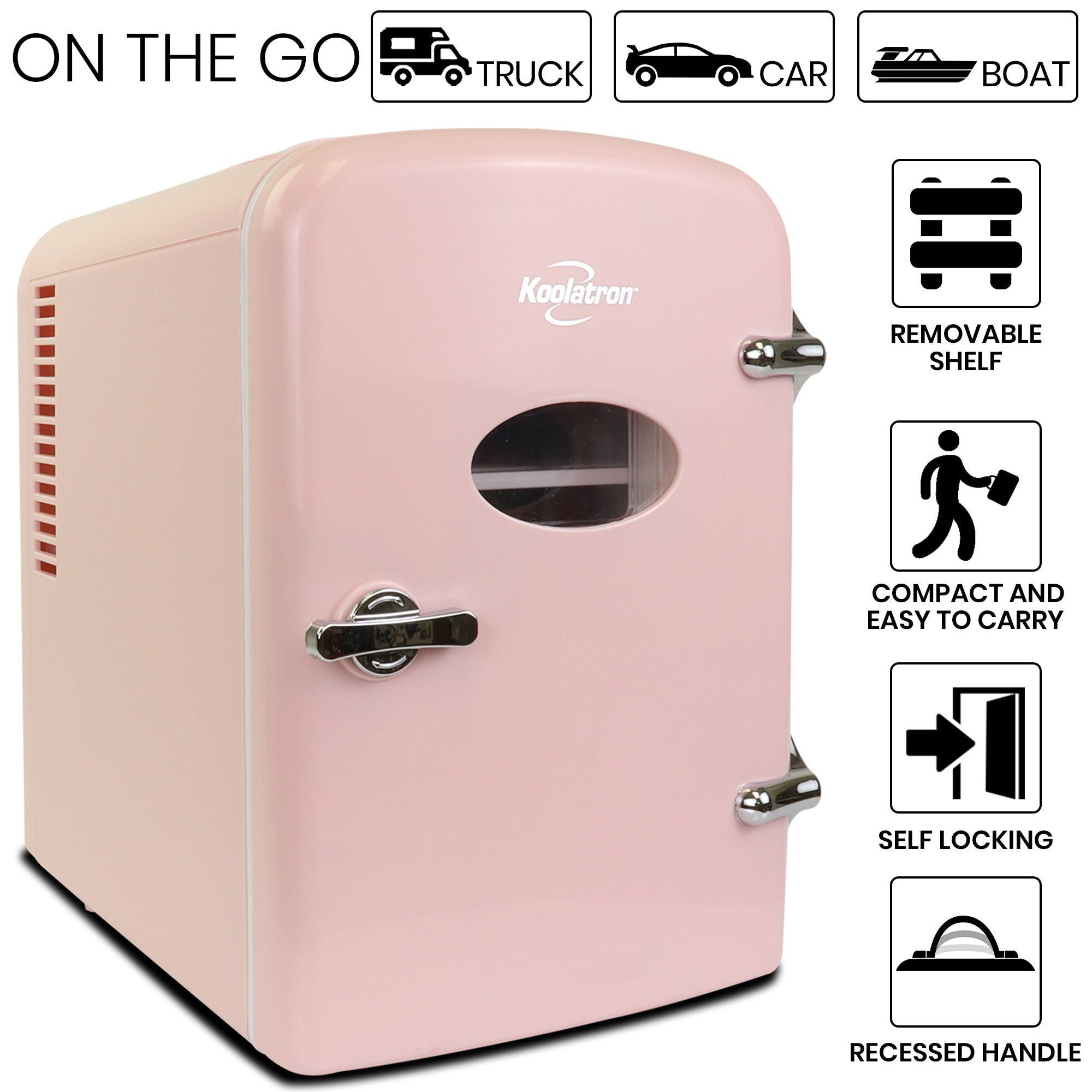 Product shot of Kool-atronretro 6 can mini fridge on a white background. Text and icons above describe: On the go - truck car boat. Text and icons to the right describe: Removable shelf; compact and easy to carry; self-locking; recessed handle