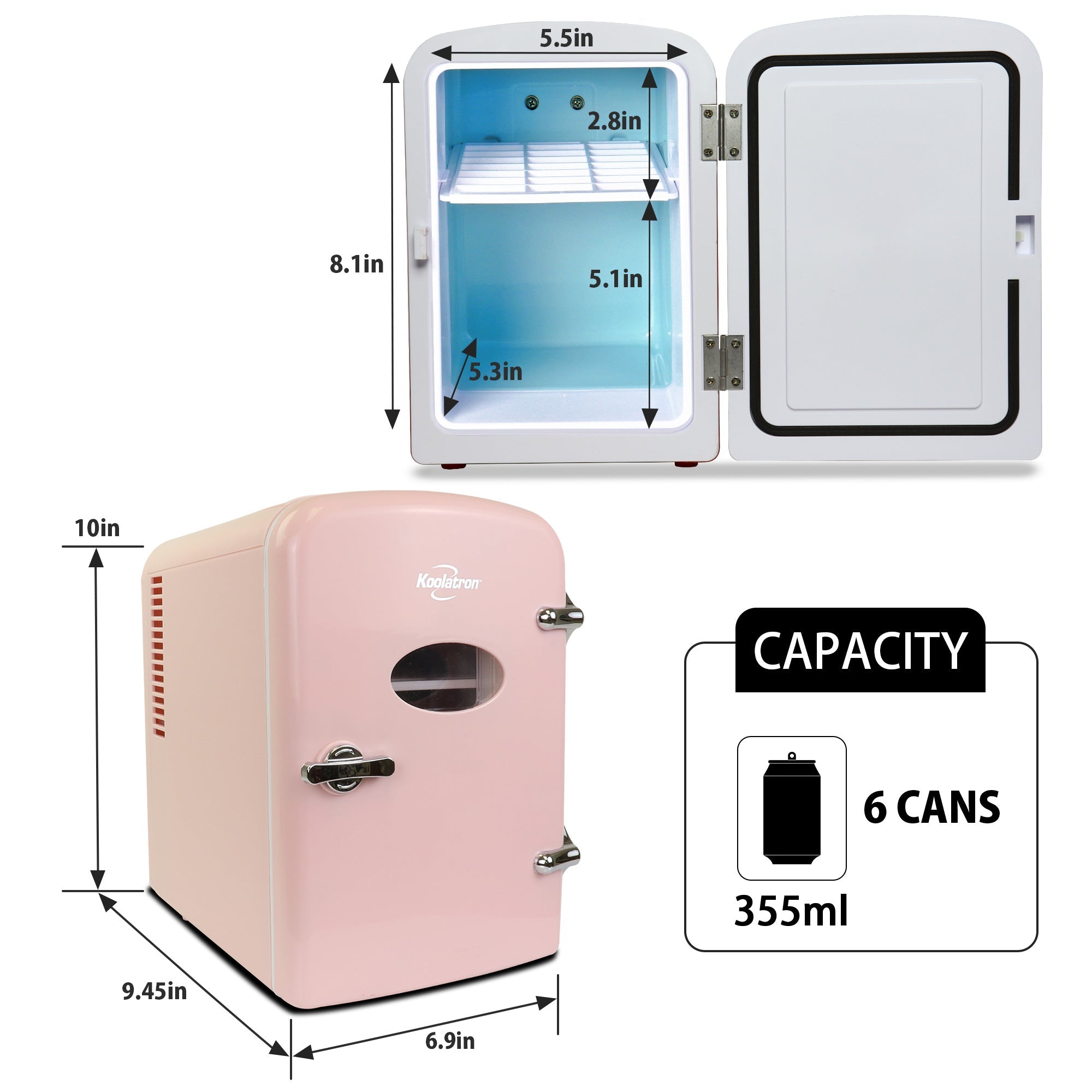 Two product shots of Kool-atronretro 4L mini fridge, open and closed, on a white background, with interior and exterior dimensions labeled. Inset text and icons describes: Capacity - 6 cans 355 mL