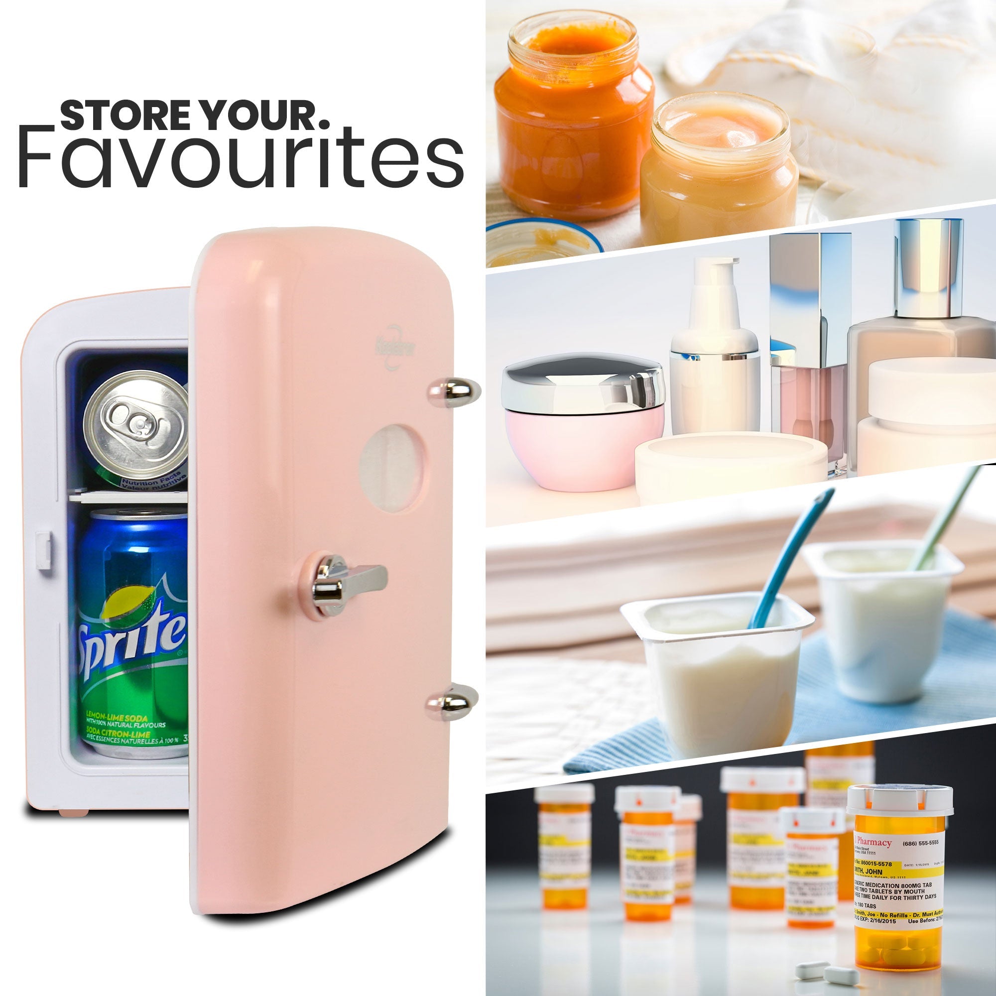 On the left is a product shot of Kool-atronretro 6 can portable cooler, partly open with cans of soda inside, and text above reading, "Store your favorites." On the right are four lifestyle images showing 1. Two open jars of baby food; 2. Several jars and bottles of cosmetics and skincare items; 3. Two single serving containers of yogurt with spoons in them; 4. Several orange prescription bottles with medications inside and white childproof lids